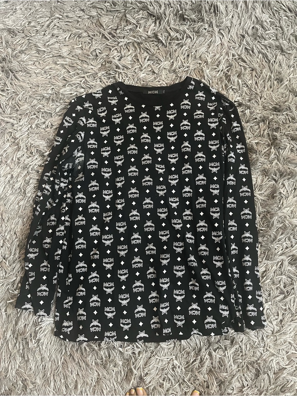 MCM Black Long-Sleeve Monogrammed Tee with White Logo Print Size 3XL